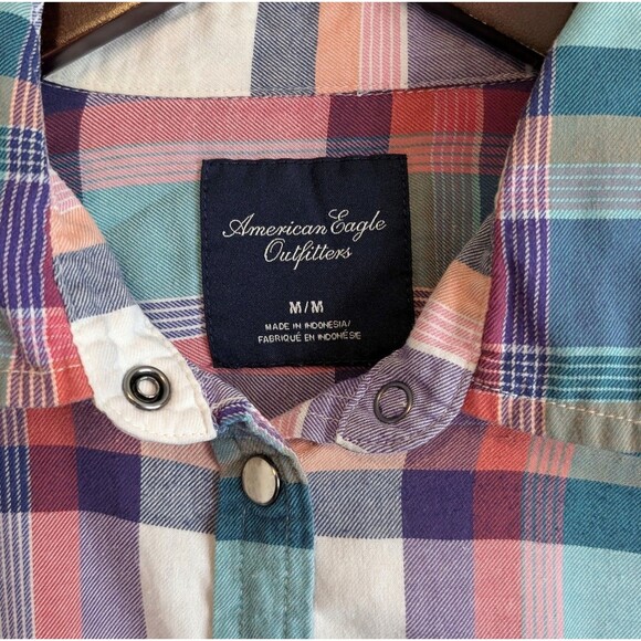 American Eagle Size Medium Pearl Snap Top Womens Plaid Shirt Multi Color Western - Picture 2 of 6
